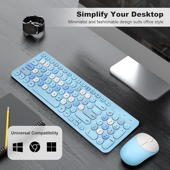 Wireless Keyboard and Mouse Combo, Retro Typewriter Keyboard with Round Keycaps, 2.4GHz USB Cute Wireless Keyboard Mouse for Computer, Desktop, Laptop (Blue Colorful) - Image 7