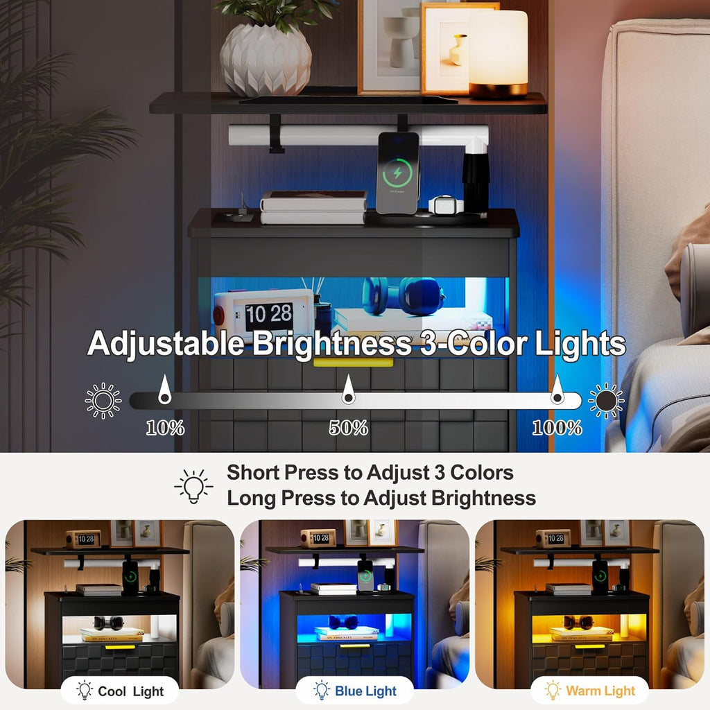 Rolling Nightstand with Wheels, LED Lights, Charging Station - Image 4