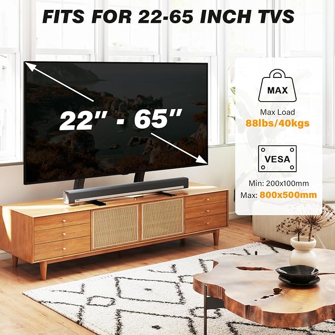 5Rcom TV Stand Mount, Universal Tabletop for 22-65 Inch Flat Screen TVs | Height Adjustable TV Base, Strong TV Legs Holds up to 88lbs, Max VESA 800 x 500mm, Plasma LCD LED - Image 8