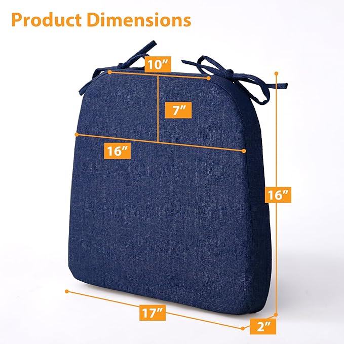 Ruqmuis Chair Cushions for Dining Chairs, 2" Thick Seat Cushions for Kitchen Chairs, D-Shaped Chair Pads with Washable Cover, Ties and Non Slip Backing, 17'' x 16'', Set of 6, Blue - Image 2