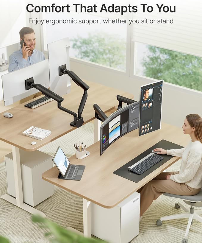 monTEK Mechanical Spring Dual Monitor Arm for 27 32 34 inch Screens Black | Built-in One-Way Bearing, Holds 26.4 lbs, VESA 75/100mm, C-Clamp/Grommet Base & Cable Management, Office, Home, Game - Image 8