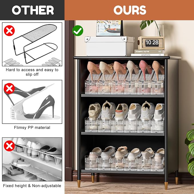 Neprock Shoe Stacker, Shoe Slot Organizer for Closet, Shoe Storage Rack | 20 Pack, Clear, 50% Space Saver, 3 Adjustable Height, Tool-Free Assembly, 30% Thicker, Superior Load Bearing - Image 5