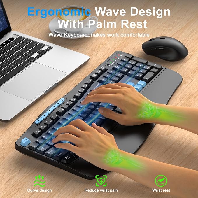 Wireless Keyboard and Mouse Combo, 2.4G Ergonomic Wave Keys(Blue Black) | Full Size Keyboard with 6 Multimedia Keys, Ergonomic Keyboard with Wrist Rest, 3-Level DPI Silent Mouse for Windows/Laptop/PC - Image 2