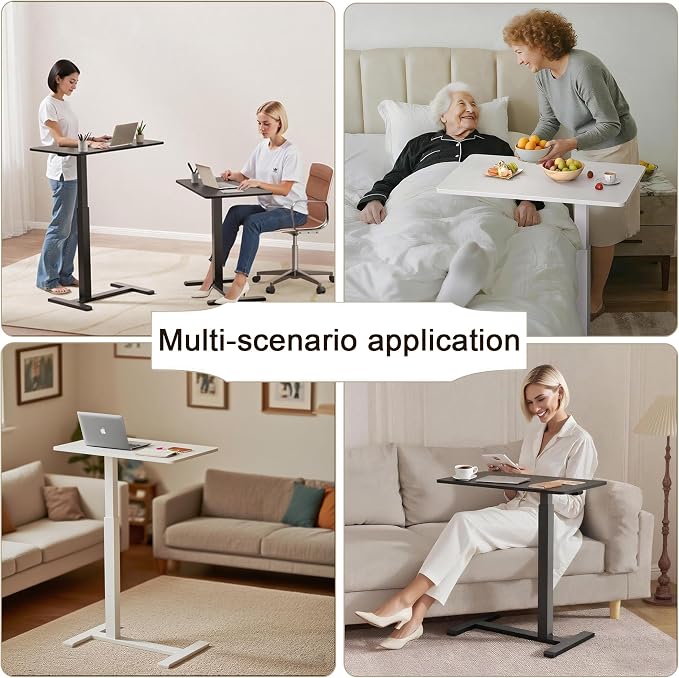 Overbed Bedside Table with Wheels,Rolling Standing Desk Adjustable Height,Pneumatic Mobile Laptop Desk Computer Cart,Rolling Side Table for Home Office,Classroom,Black - Image 4