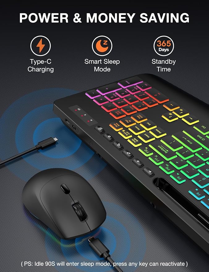 Wireless Keyboard and Mouse Combo - 9 Backlit Effects, 2.4GHz | Ergo Wrist Rest, Phone Holder, Full Size, Rechargeable, Sleep Mode, KM22 MAX Quiet Set for Computer, PC, Laptop, Mac, Windows - Image 5
