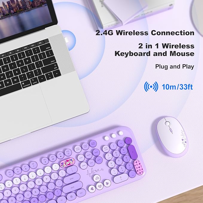 MOFII Wireless Keyboard and Mouse Combo, Cute Retro Typewriter Keyboard and Silent Mouse, 2.4GHz Full Size Computer Keyboard Wireless Mouse Set for PC, Laptop, Desktop, Windows (Purple Colorful) - Image 2