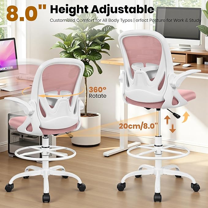 Drafting Chair Tall Office Chair with Flip-up Armrests Executive Ergonomic Computer Standing Desk Chair with Lumbar Support and Adjustable Footrest Ring (Rose Quartz) - Image 6