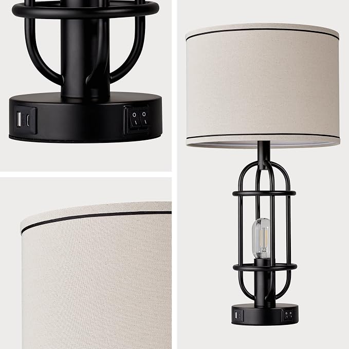 Reaketon Black Table Lamps for Living Room Set of 2, 22.3" Farmhouse Lamps for Nightstand, Industrial Table Lamps for Bedroom with USB Ports, Bulbs Included - Image 9