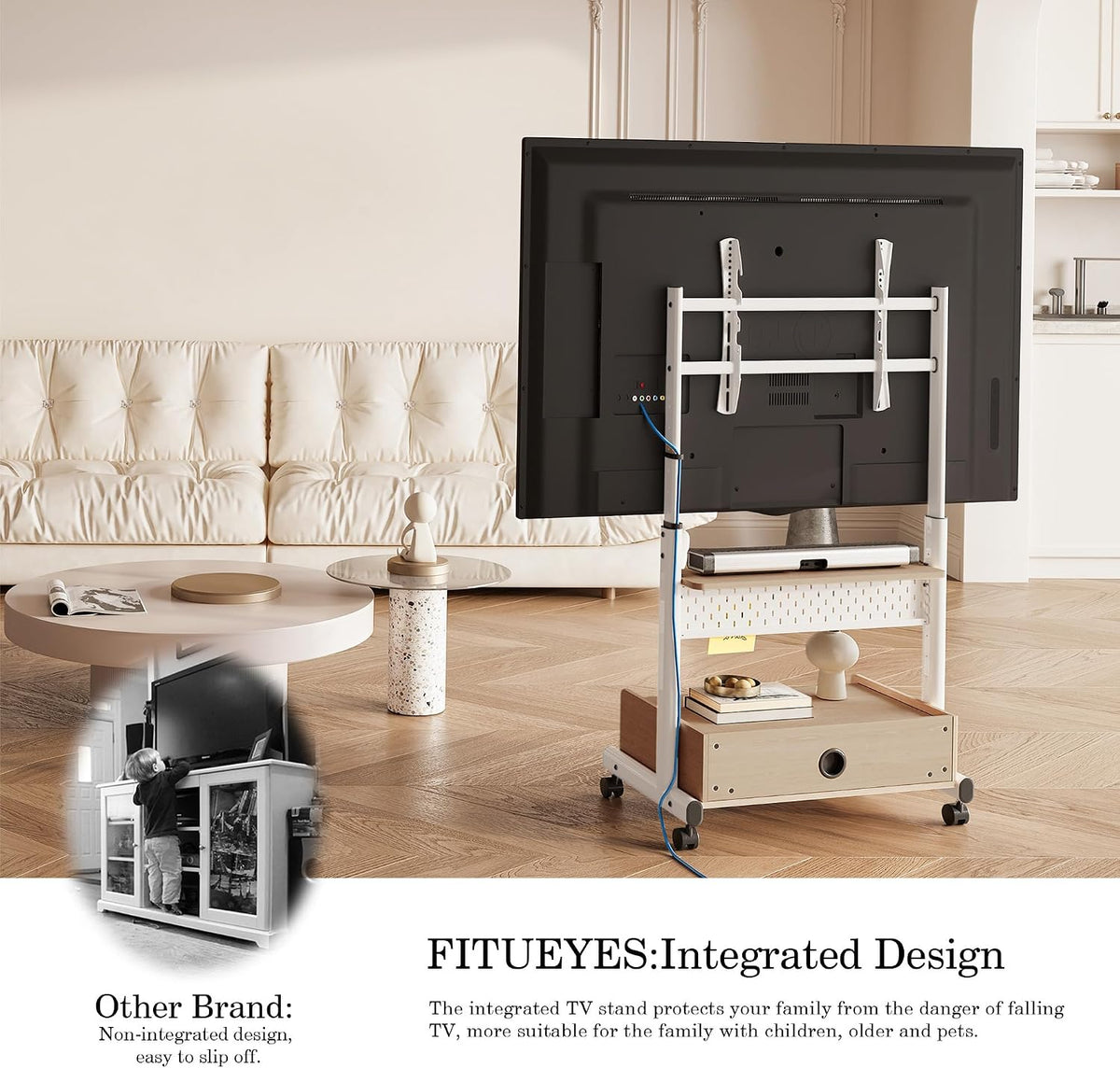 FITUEYES Rolling TV Stand on Wheels Lockable for 40-85 Inch TVs, White - Image 8