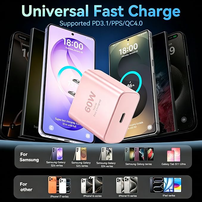 60W USB C Super Fast Charger Type C Android Phone Charger Fast Charging Block with 10ft USB-C to USB-C Cord Compatible with Samsung Galaxy S26 Ultra/S26/S26+/S25/S25 Ultra/S25+/S24, MacBook, iPad,pink - Image 6