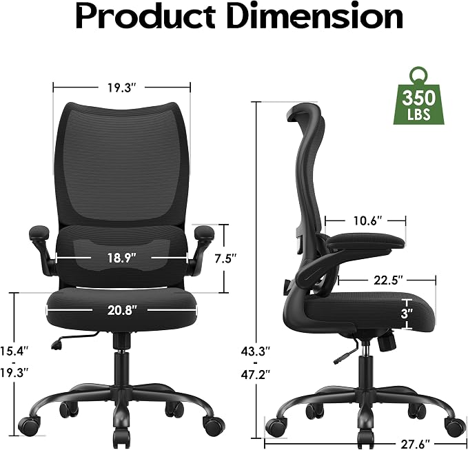 Office Chair Ergonomic Desk Chair - Comfy Mesh High Back Office Chair with Lumbar Support Wheel Home Desk Office Chairs Flip up Armrest Executive Rolling Swivel Task Computer Chair Black Silver - Image 3