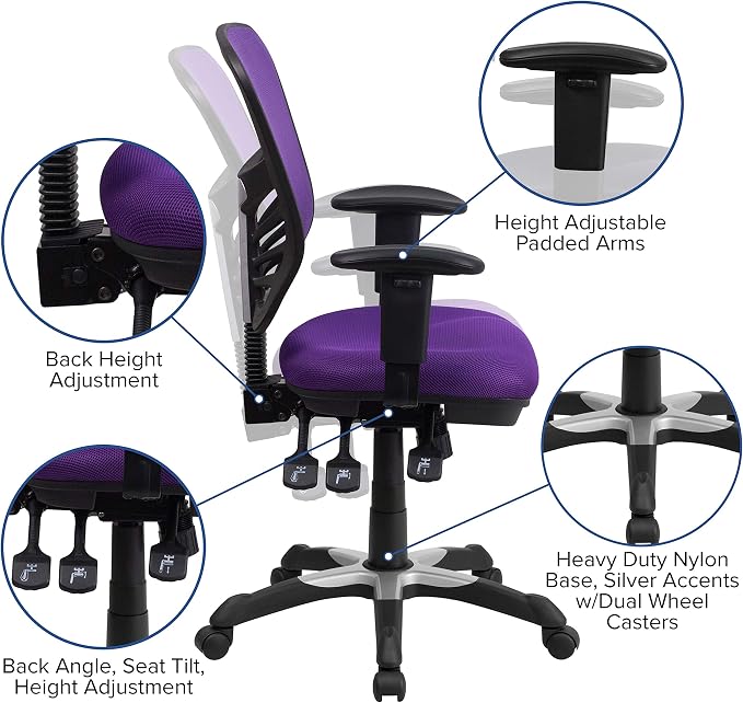 Flash Furniture Mid-Back Purple Mesh Multifunction Executive Swivel Ergonomic Office Chair with Adjustable Arms | Adjustable Armrests, 360° Swivel, Height Adjustable, Commercial Grade - Image 4