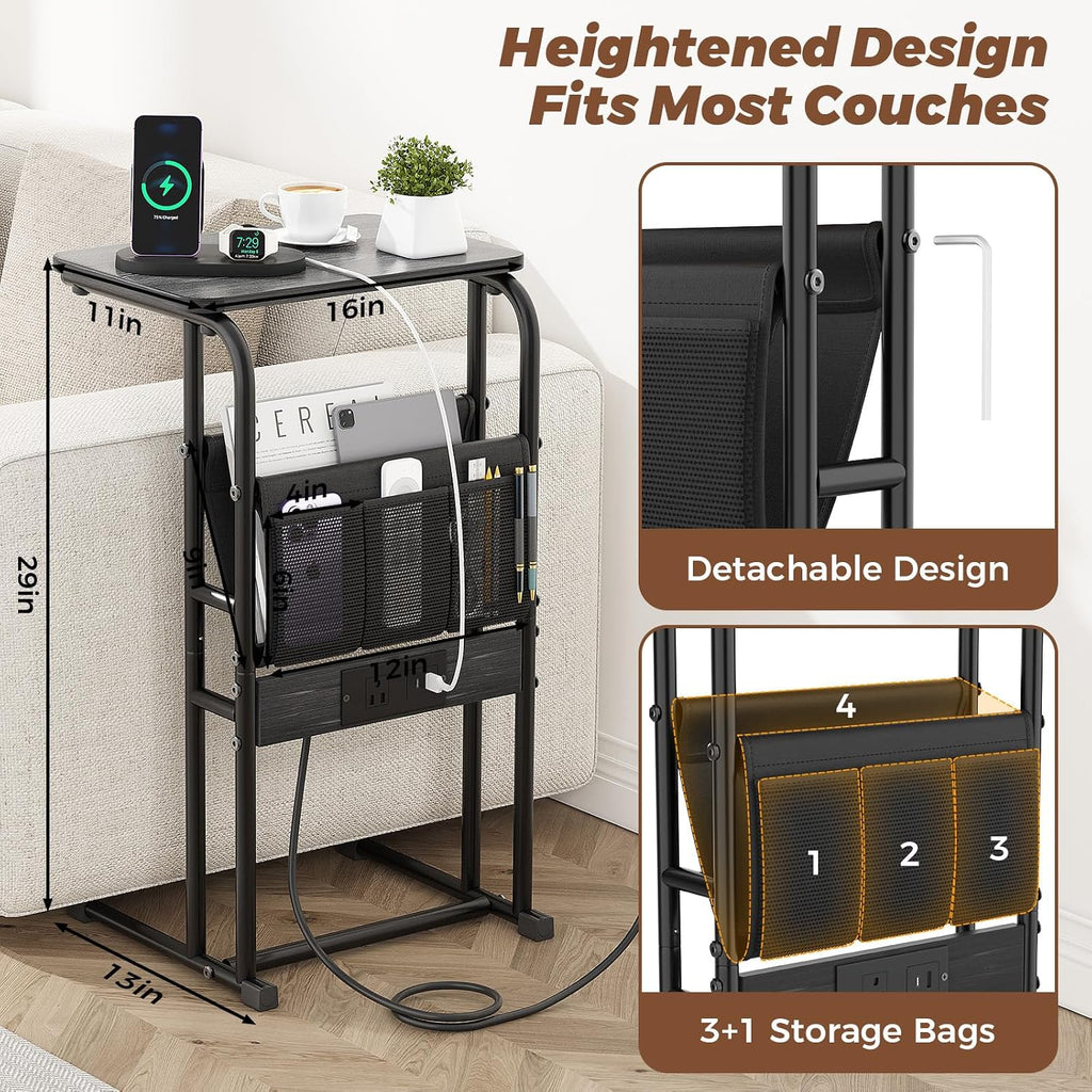 C-Shaped End Table with Charging Station and Storage Bag Black - Image 2