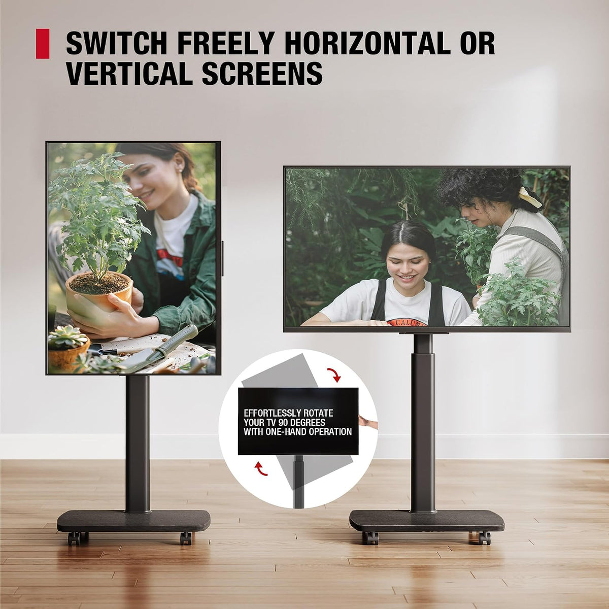 Tall Rolling TV Stand with 90° Rotation & 12° Tilt, 10-Height Adjustable Mobile TV Stand for 32-65 Inch TVs, Portrait/Landscape TV Cart for Home Office Studio, Black - Image 4