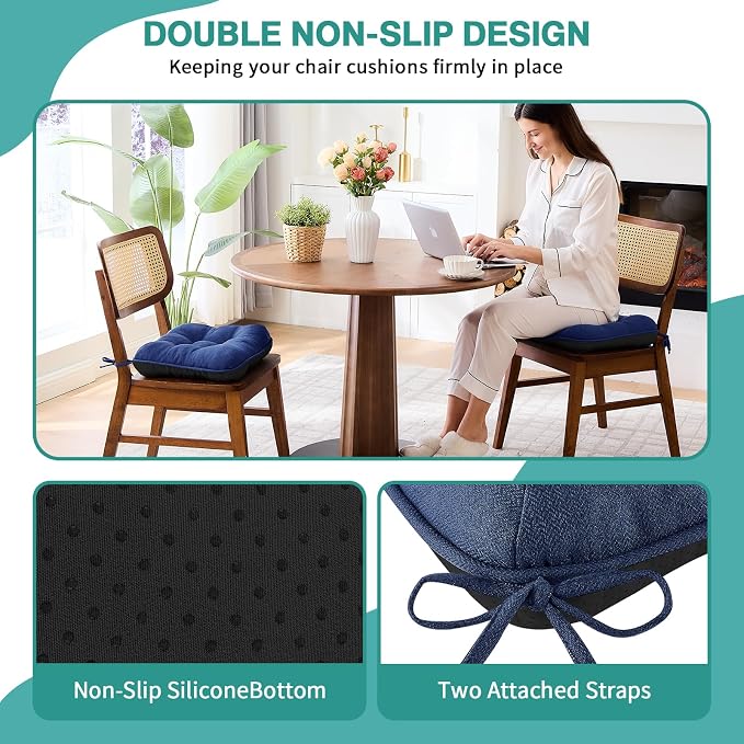 BETU Chair Cushions for Dining Chairs Set of 6,3.5" Thick Outdoor Indoor Chair Pads with Ties,Non Slip Backing and Covers, Seat Cushion for Kitchen Dining,Bar,Patio Furniture15.5"X15.5"X3.5",Navy Blue - Image 3