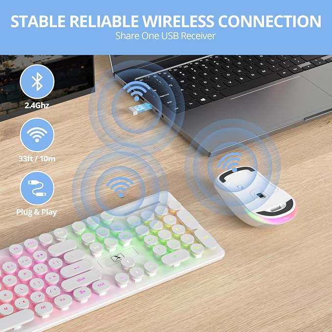 Backlit Wireless Keyboard and Mouse, 2.4GHz Light Up Typewriter Rechargeable Cordless Quiet Keyboard with USB Receiver for PC/Laptop (White) - Image 3