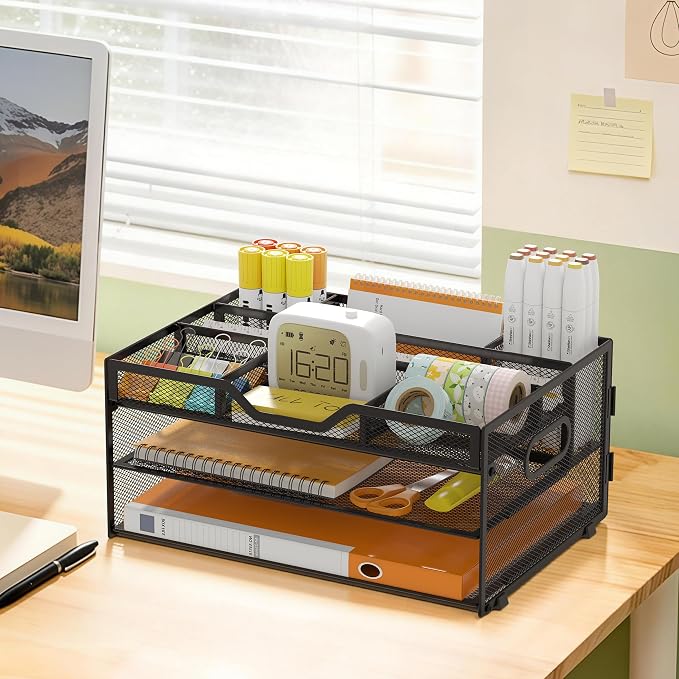 3 Tier Metal Desk Organizer with Magazine File Holder, Black | Space saving workspace desk file trays. Includes pencil holder and portable handles. Ideal for school and office supplies - Image 6