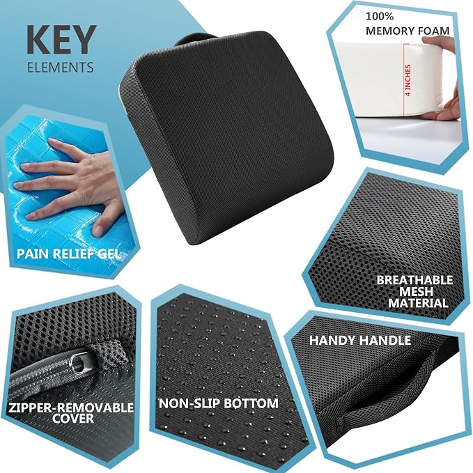 YOUFI Extra Thick Large Seat Cushion, Gel Memory Foam Cushion with Carry Handle Non Slip Bottom, Pain Relief Coccyx Cushion for Wheelchair Office Chair (Black, 19" x 17.5" x 4") - Image 4