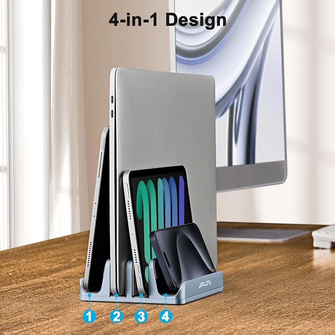 JARLINK 4-in-1 Adjustable Vertical Laptop Stand, Aluminum Holder, Grey | Space-Saving Aluminum Laptop Holder, Compatible with All MacBook, Surface, Chromebook, Phone, and Gaming Laptops. - Image 7