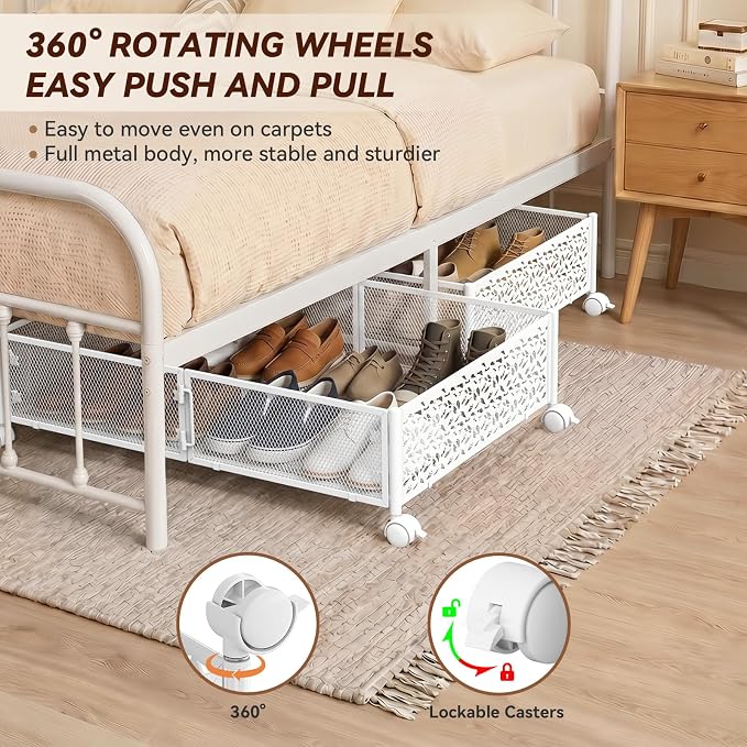 PHINOX Under Bed Storage with Wheels,Patterned,Sturdy Metal,2 Pack,White | Tool-free assembly, glide smoothly, easy reach, foldable, maxmazie low-profile beds, dorm, keep seasonal clothes, shoes fresh - Image 2