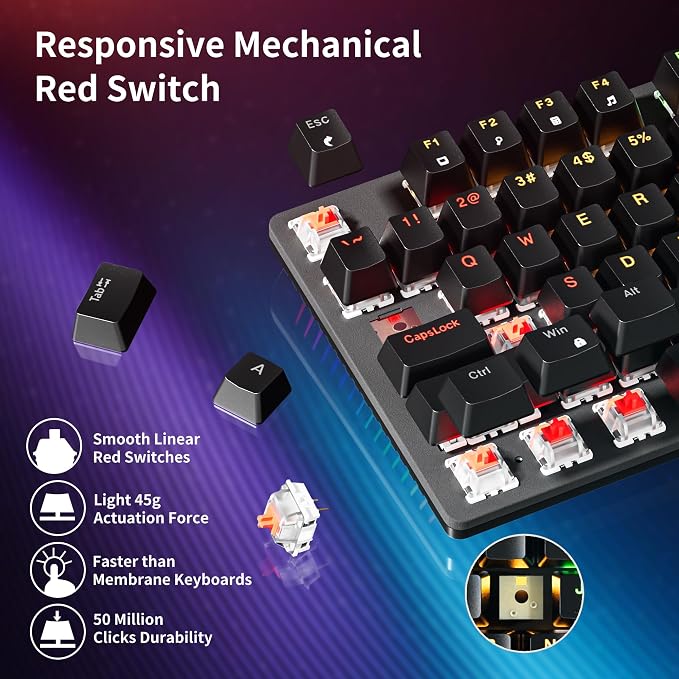 Newmen GM325Pro Mechanical Keyboard,Gaming Keyboard 104 Keys Red Switches | Rainbow LED Backlit,Metal Panel,ABS Black Keycaps,Wired Gaming Mechanical Keyboard for Windows ,Linear Red Switches,QWERTY - Image 5
