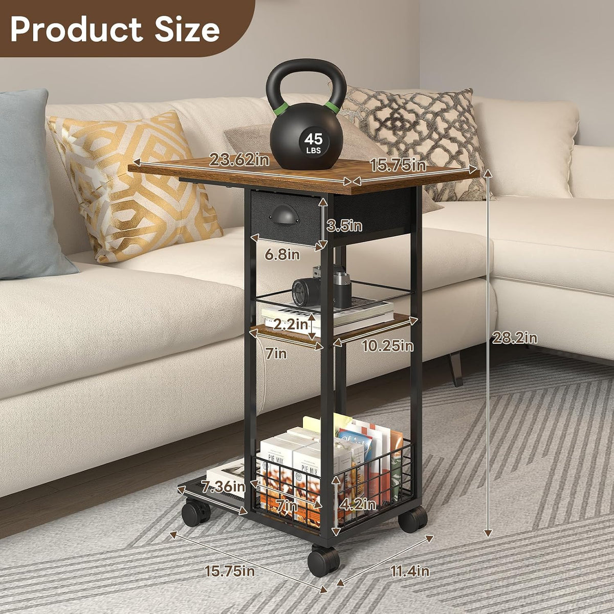 C Shaped End Table, TV Tray Table with Wheels, Drawer and Storage Basket - Image 4