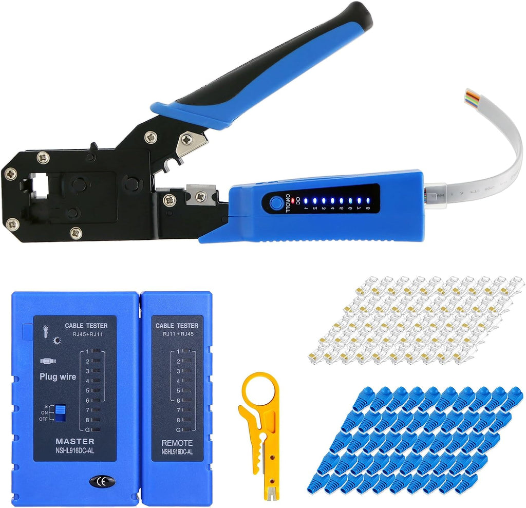 RJ45 Crimp Tool Kit All-in-One Ethernet Crimper Cat6 Cat5 Cat5e Crimping Tool with Network Cable Tester, 50-Pack Cat5e RJ45 Connector, 50-Pack Connector Boots by G GIARAON
