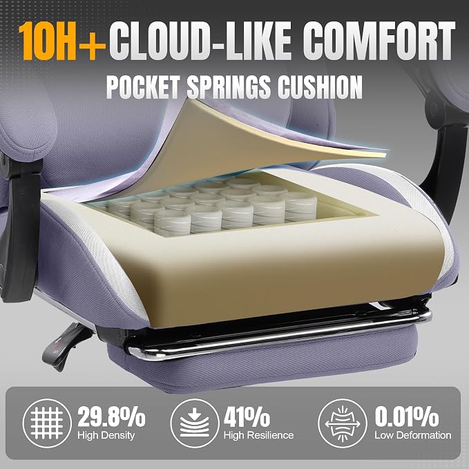GTPLAYER Gaming Chair with Foot Rest & Pocket Spring Cushion, Ergonomic High Back Computer Desk Chair with Headrest & Lumbar Support for Back Pain Relief, Breathable Fabric, Purple - Image 3