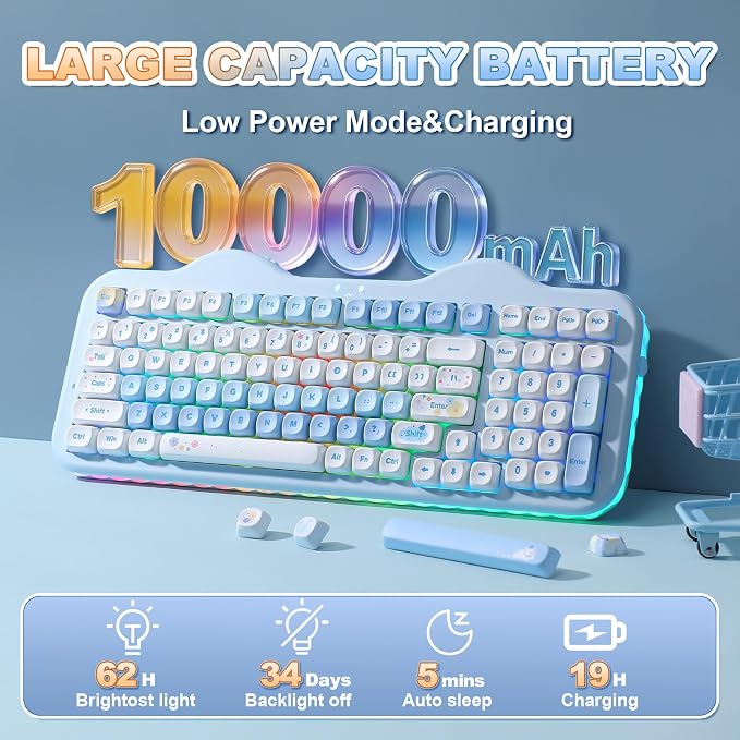 YUNZII C98 Cute Cake Wireless Mechanical Keyboard(Blue, Milk Switch) | 99 Keys with Number Pad, Hot Swap, PBT MOA Keycaps, BT5.0/2.4G/USB-C, Gasket Mount, Custom RGB Backlit for Win/Mac - Image 6
