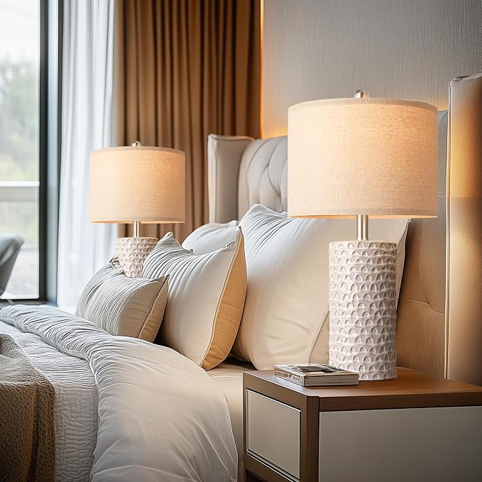 23" Modern Ceramic Table Lamp Set of 2, Table Lamps for Living Room, Rustic Farmhouse Bedside Lamps Nightstand lamp for Bedroom, White Desk Lamp for End Table Home Decor Beige - Image 8