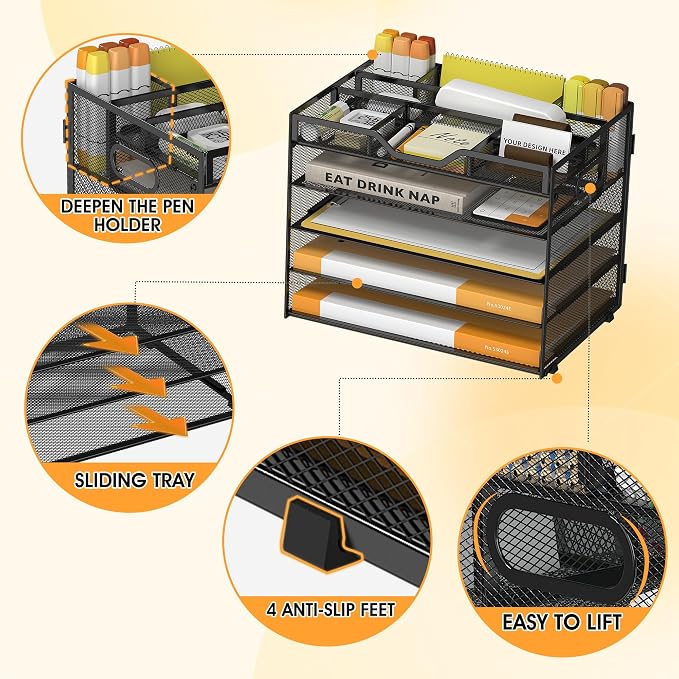 5 Tier Paper Letter Tray Desk Organizer with Pen Holders - Black | Features 3 pen holders and 4 removable dividers.Versatile mesh desktop storage for mail, document,office supplie - Image 4