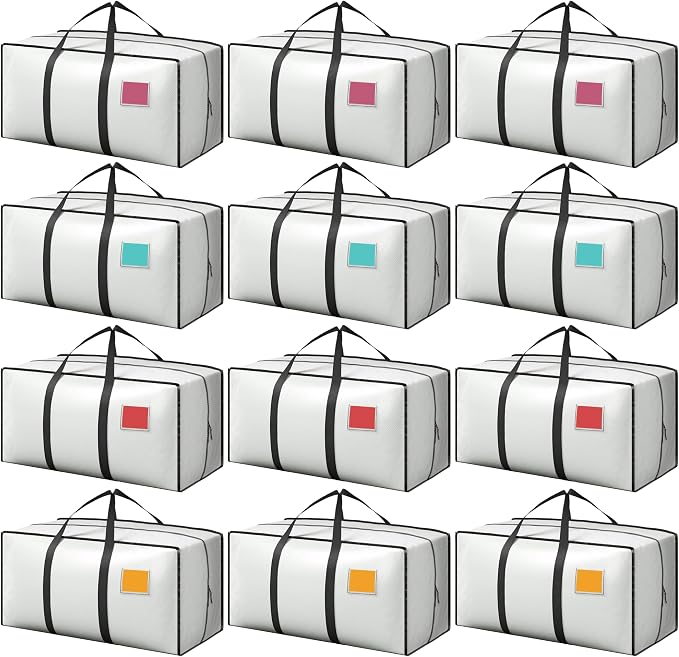 12 Pack Moving Bags with Full-Open Side Zipper, Extra Large 93L Heavy Duty Waterproof Foldable Storage Totes for College Dorm, Moving & Home Organization,White by RMOHRO