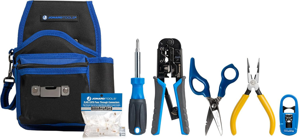 Jonard Tools TK-145 Network RJ45 Belt Pouch Tool Kit - 12-Pocket Tool Pouch, 6-in-1 Screwdriver, Scissors, Pliers, Crimper & Cable Stripper, RJ45 Pass-Through Connectors by Jonard Tools