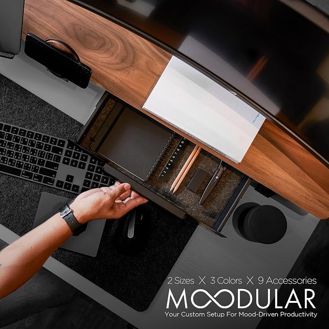 Moodular Wooden Monitor Stand Desk Organizer, Large 45.6" Walnut | Customizable Organized Workspace, Aluminum Slide Rails, 10 Add-Ons Sold Separately: Storage Drawer, Tablet, Phone & More - Image 2