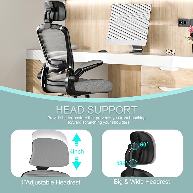 Mimoglad Office Chair, High Back Ergonomic Desk Chair with Adjustable Lumbar Support and Headrest, with flip-up Armrests for Guitar Playing, 5 Years Warranty (Modern, Dim Gray(Black Frame)) - Image 3