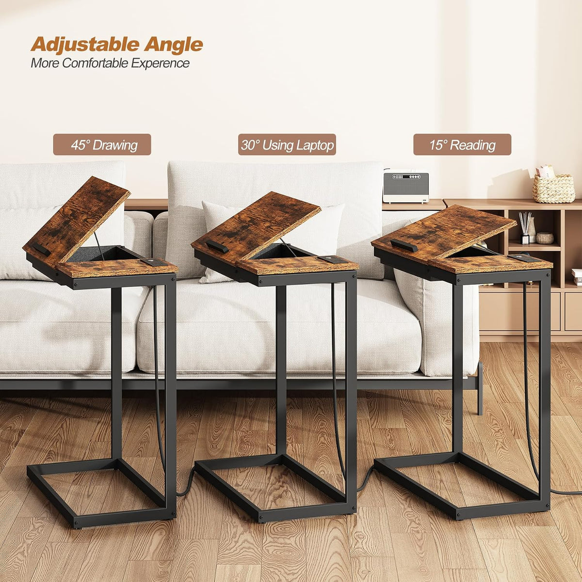 TUTOTAK Large C Shaped End Table, Side Table with Charging Station C Table - Image 6
