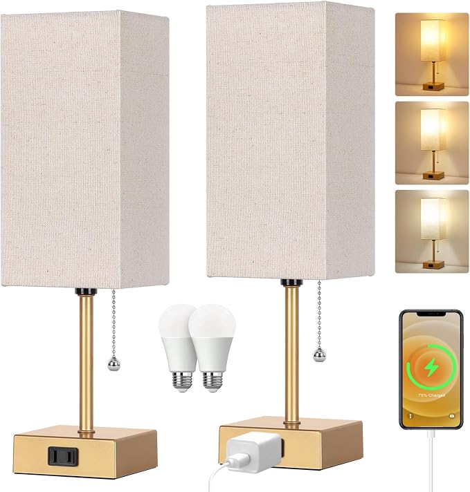 Table Lamp for Bedroom set of 2,3-Color Bedside Lamps with Pull Chain Gold | Table Lamps for Nightstand with AC Outlets,Small Night Light Lamps with 2 Bulbs Lamps for Living Room Kids Room Office Decor by DottArts