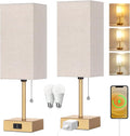 Table Lamp for Bedroom set of 2,3-Color Bedside Lamps with Pull Chain Gold | Table Lamps for Nightstand with AC Outlets,Small Night Light Lamps with 2 Bulbs Lamps for Living Room Kids Room Office Decor by DottArts