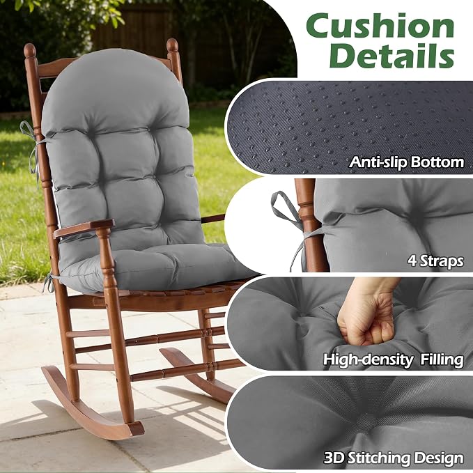 Rocking Chair Cushions, Indoor/Outdoor Adirondack Chair Cushion, Waterproof and Fade-Resistant Rocking Chairs Pads, Non-Slip Tufted High Back Patio Chairs Cushion with Ties, 44x19x4 Inch, Light Grey - Image 5