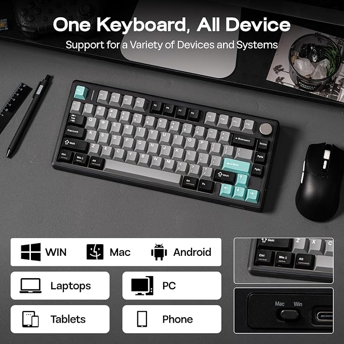 EPOMAKER TH80 V2 75% Wireless Mechanical Keyboard with Metal Knob, 8000mAh | 2.4Ghz/BT/USB-C, RGB, Hot Swap, Custom Driver, PBT Keycap, Wireless Gaming Keyboard for PC/Mac (Black, Creamy Jade) - Image 6