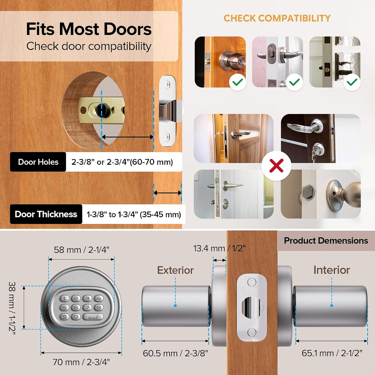 MD1 Fingerprint Door Knob Lock with Keypad, Silver - Image 5