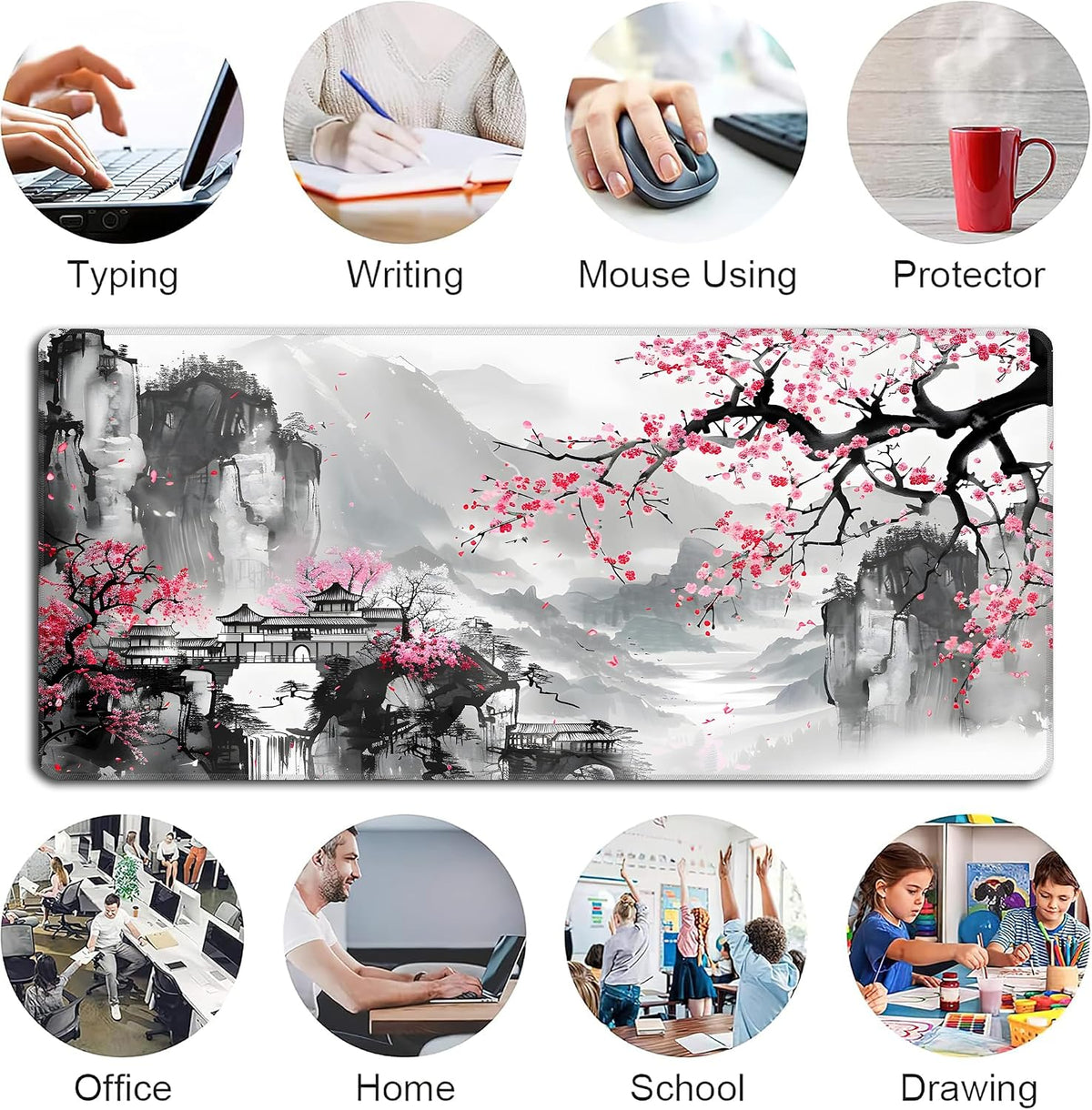 Japanese Cherry Blossom Mouse Pad,XXL 35.4"x15.7" Big Gaming Mousepad,Sakura Large Extended Mouse Mat,Non-Slip Rubber Base Waterproof with Stitched Edges for Gaming Office Home - Image 6