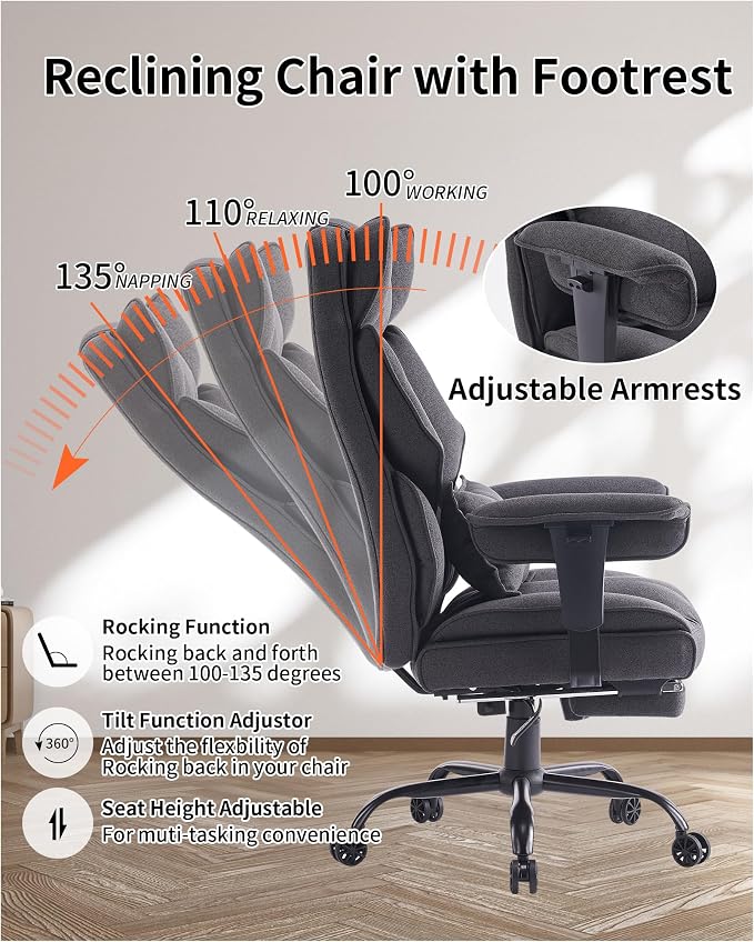 Efomao Fabric Office Chair, Big and Tall Office Chair 400 lb Weight Capacity, High Back Executive Office Chair with Foot Rest, Ergonomic Office Chair for Back Pain Relief, Dark Grey | 400lbs support, 135° recline, dual-layer foam cushion, 23.5" seat & ... - Image 4