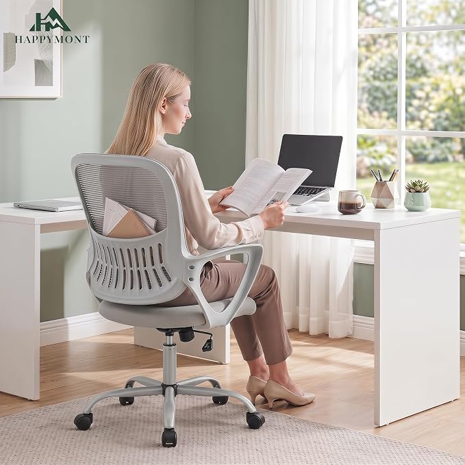 Home Office Desk Chair, Lumbar Support, Mesh Back Computer Chair | Height Adjustable, Mesh Mid-Back, Ergonomic Task Gaming Chair with 360° Swivel Wheels, Lumbar Support, Grey - Image 3