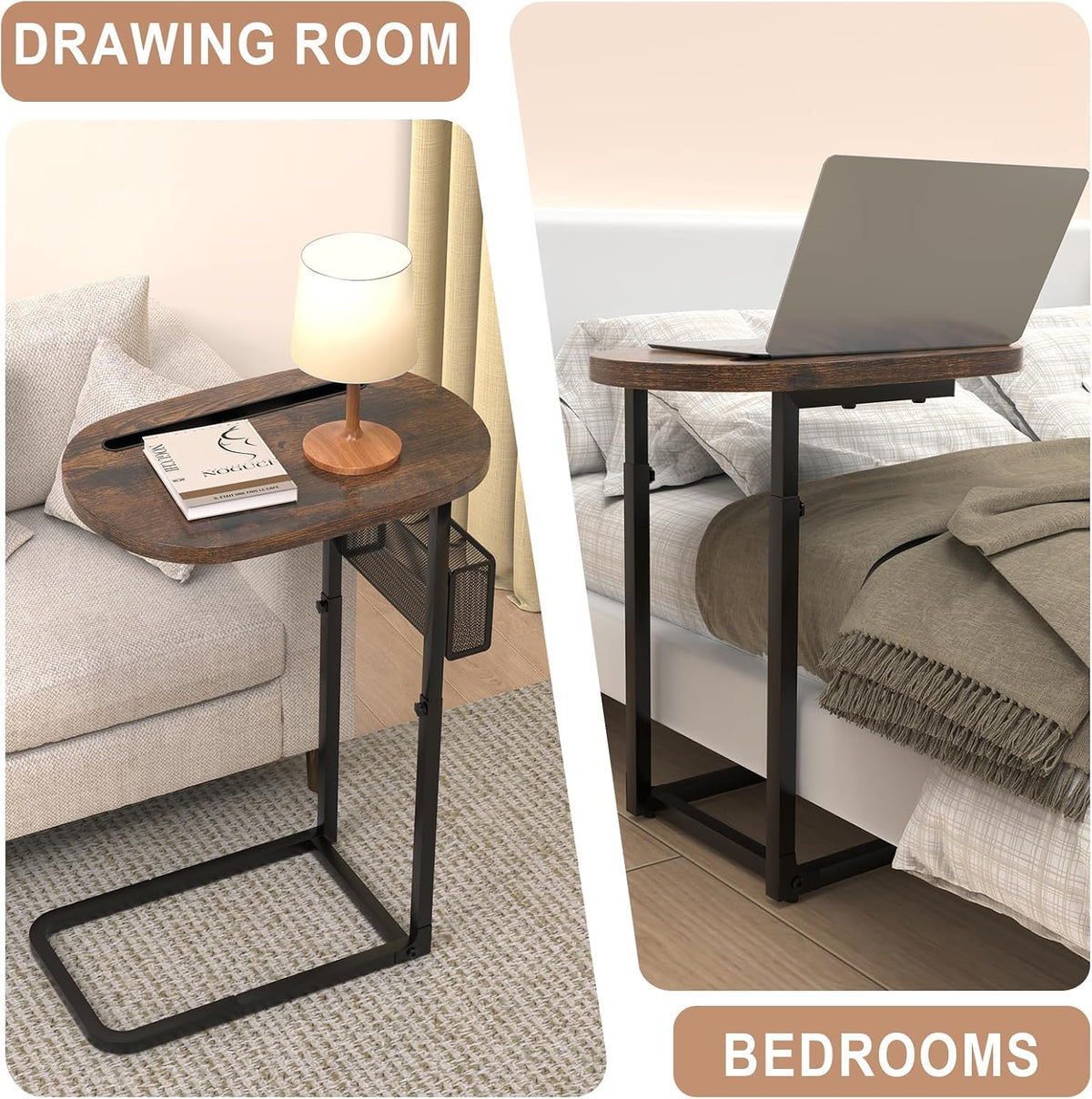 Fashion TV Tray with Large Tabletop, Adjustable Sofa Table with Baskets - Image 6