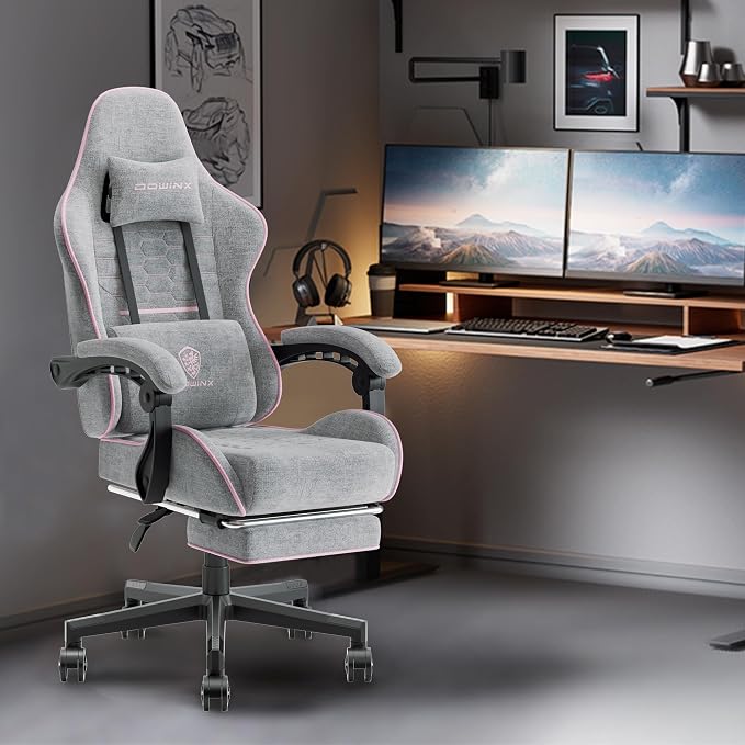 Dowinx Gaming Chair Fabric with Pocket Spring Cushion, Massage Game Chair Cloth with Headrest, Ergonomic Computer Chair with Footrest 290LBS, Pink and Grey - Image 2