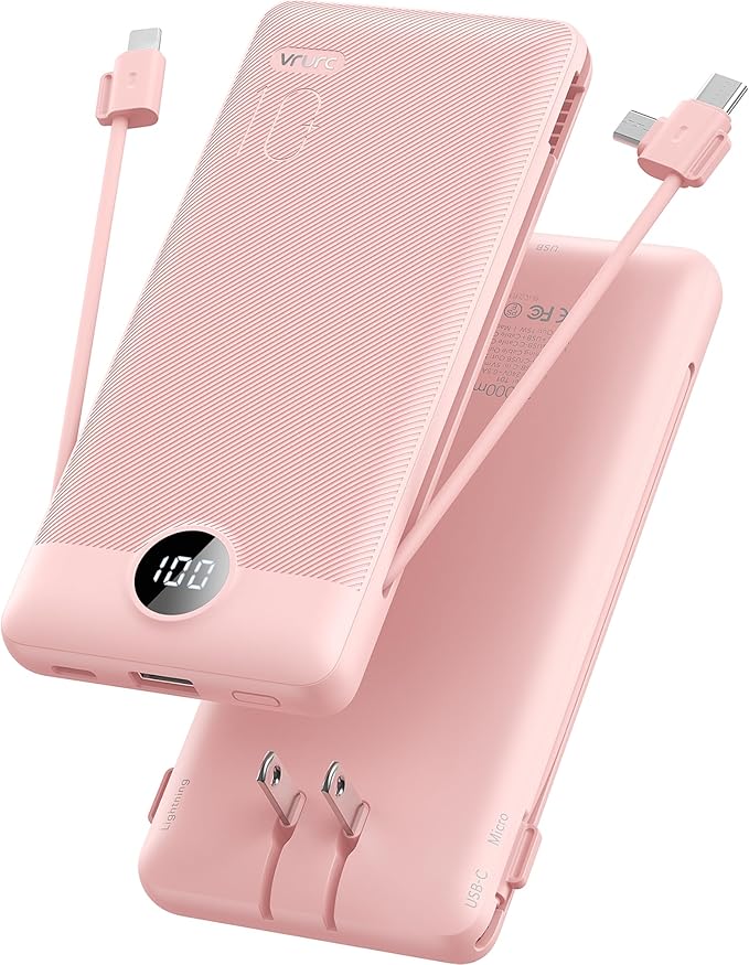 VRURC Portable Charger, Power Bank Built-in Cables and AC Wall Plug | USB C Power Bank 10000mAh Travel Essentials Phone Charger Compact External Battery Pack For Smart Phones, Tablets etc-Pink by Home