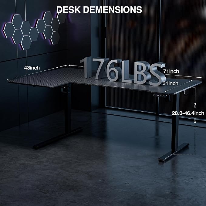 L Shaped Electric Standing Desk - 71x43.5 Inch Reversible Corner Sit Stand Desk with Hook&Cup Holder,Electric Height Adjustable Table,for Home Office Gaming&Trading Computer Desk, Black Carbon - Image 3