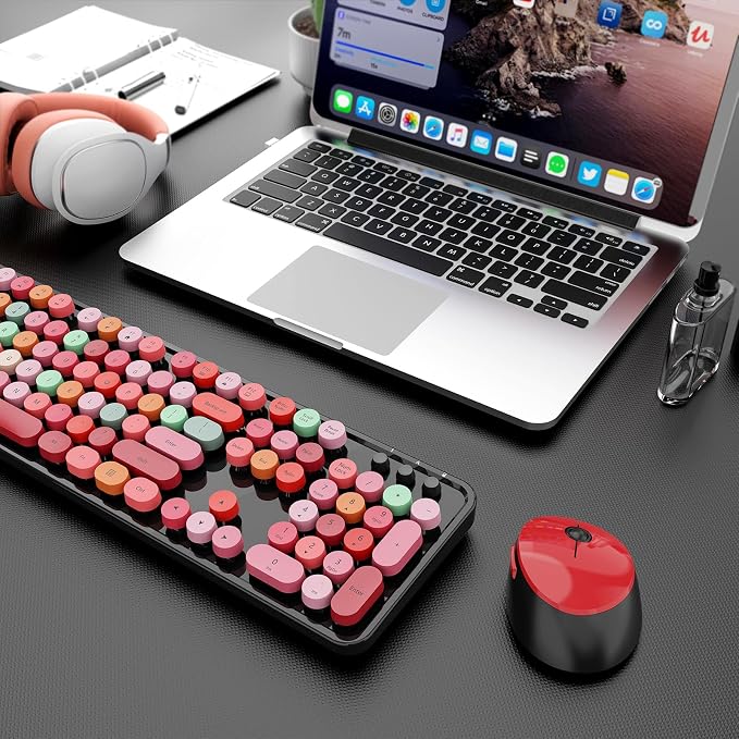 Wireless Keyboard and Mouse Combo, Ergonomic Full Size Typewriter Retro Round Keycaps Keyboard, Compatible with Windows, PC, Perfer for Home and Office Keyboards (Red - Image 8
