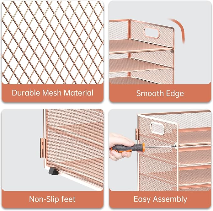 7 Tier Paper Organizer for Desk with Letter Trays and Handle Rose Gold | Desk File Organizer with Handle for Sorting Papers, Files, Folders, Mail, Bills and Office Supplies - Image 4
